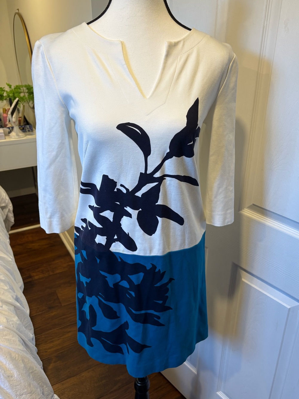 Marc Cain Floral Colourblock Shift Dress Blue White XS S